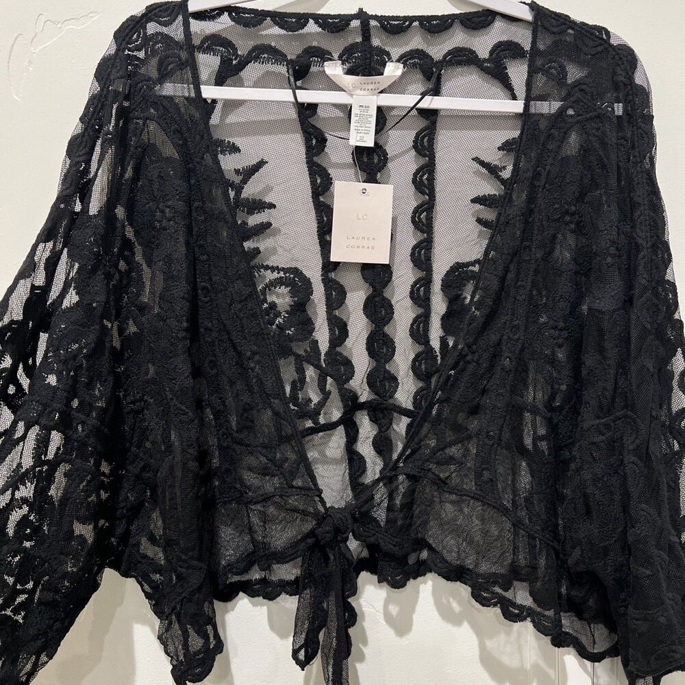 NEW LC Lauren Conrad Black Mesh & Embroidered Lace Short Sleeve Tie-Front Shrug
